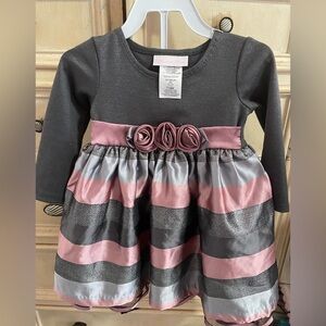 Girls Gray & Dusty Rose Striped Dress with Rosette Waist ~ Bonnie Baby 18M